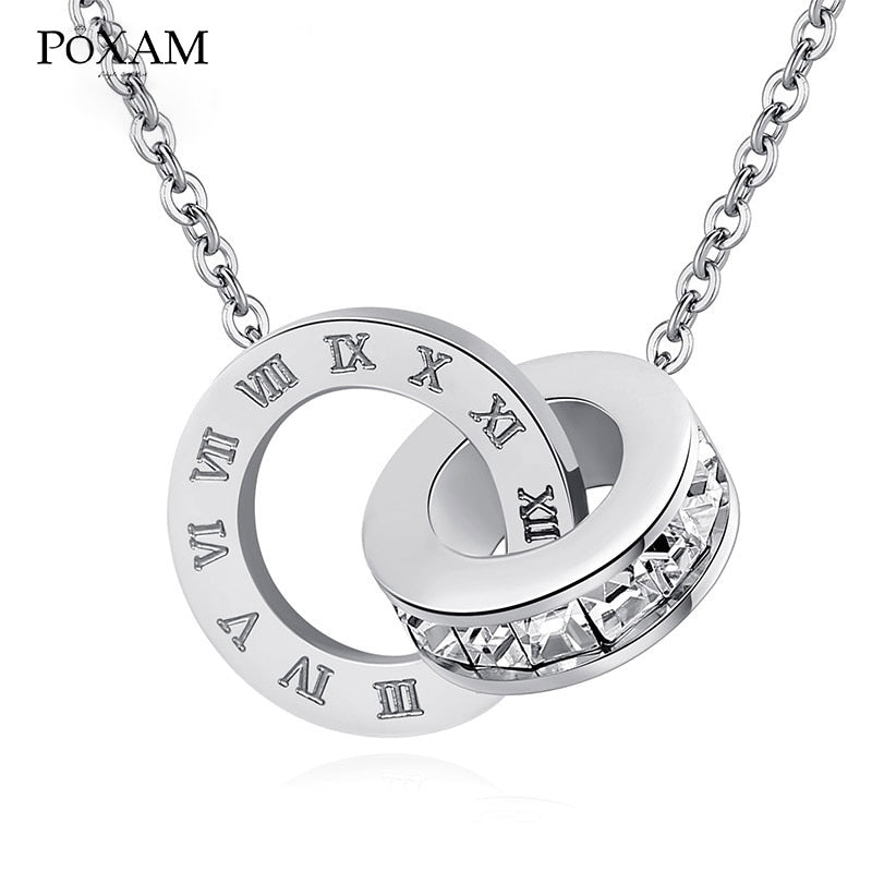 POXAM Luxury Elegant Crystal Choker Fashion Roman Digital Stainless Steel Gold Silver Color Pendant Necklaces for Women Jewelry