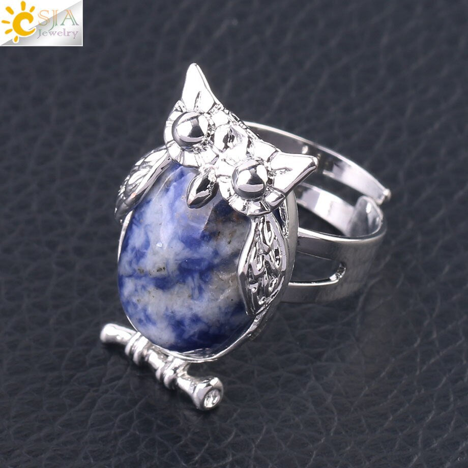 CSJA Lovely Owl Women Finger Ring Natural Stone Cabochon Bead Adjustable Rings Silver-color Cute Animal Charm Party Jewelry F566