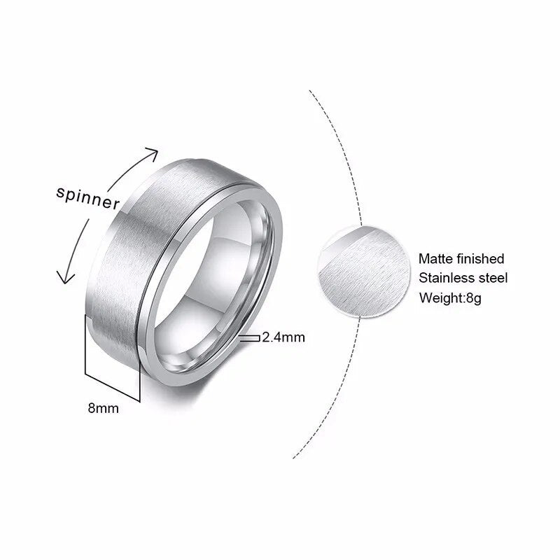 8MM Men's Top-Engraved Spinner Ring in Black and White Stainless Steel Men Wedding Band Male Jewelry Personalized