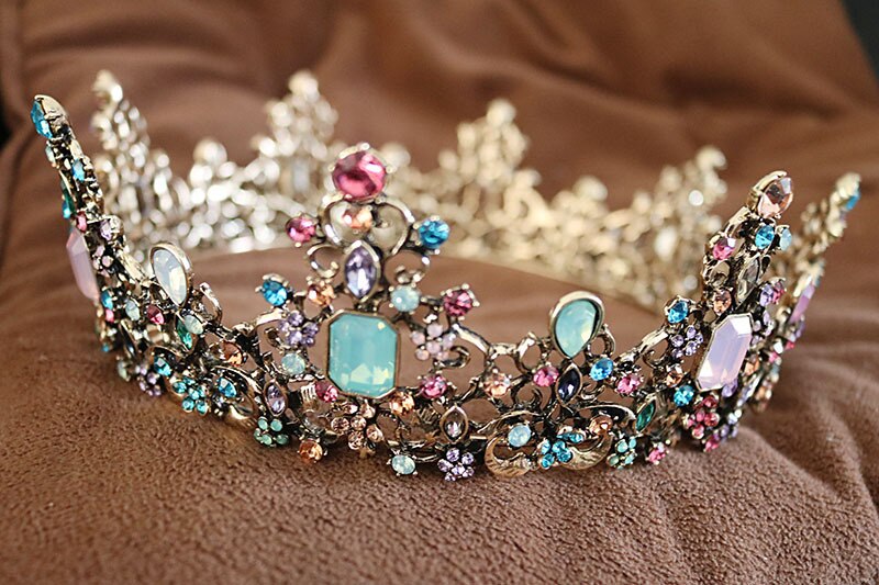 KMVEXO Baroque Royal Queen Crown Colorful Jelly Crystal Rhinestone Stone Wedding Tiara for Women Costume Bridal Hair Accessories