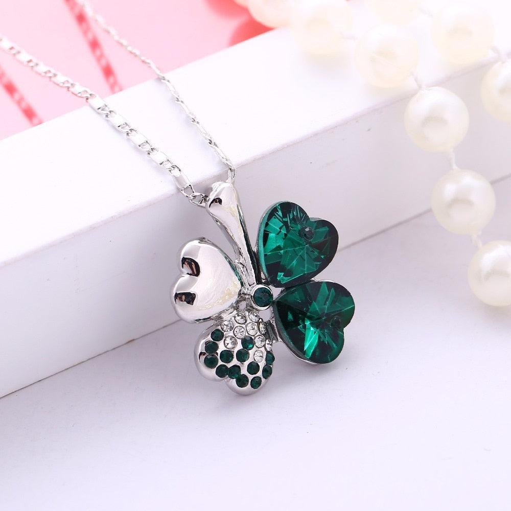 Elegant 12-Color Austrian Crystal Four Leaf Clover Pendant Necklace - White Gold Plated Fashion Jewelry for Women.