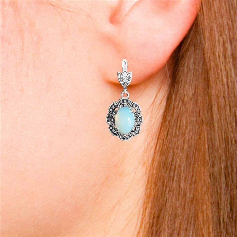 Oval Transparent Opal Necklace Earrings Jewelry Set Rhinestone Vintage Look Fashion Jewelry For Women TS429