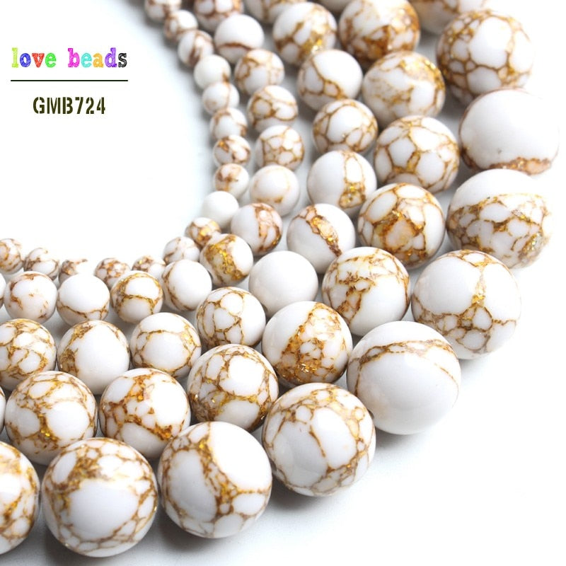 White Howlite Spun Gold plated Loose Stone Round Beads for Jewelry Making DIY Bracelet 15'' strand 4/6/8/10/12mm