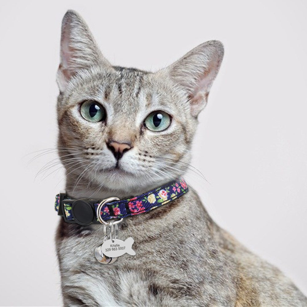 Personalized Pet Cat Collar With Bell Floral Custom Collars for Cats Kitten Puppy ID Name Tag Cats Collar Necklace for Small Pet