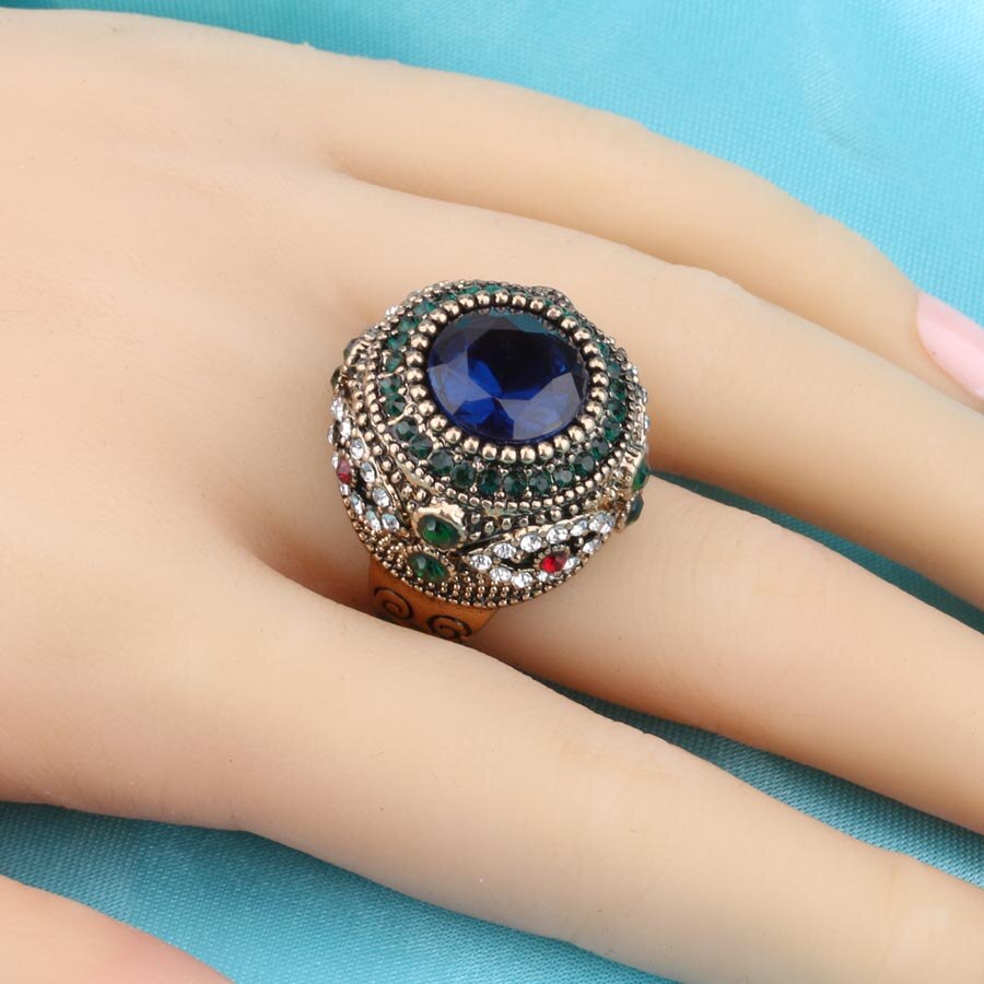 Luxury Dubai Gold Big Blue Stone Ring Mosaic Colorful Crystal Crown Wedding Rings For Women Vintage Boho Statement Jewelry