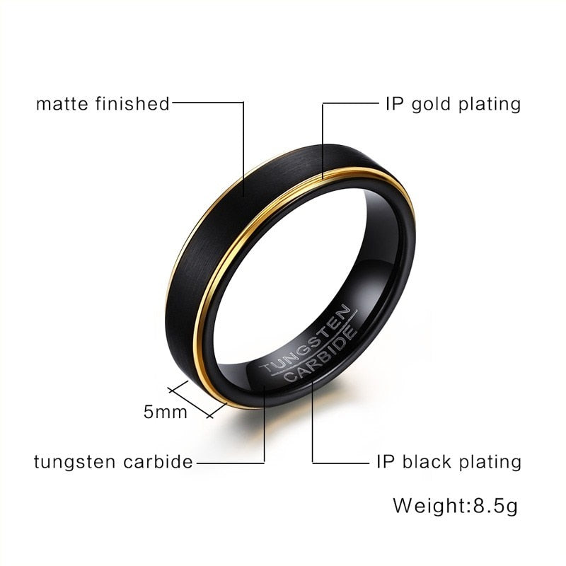 Vnox Black Tungsten Rings for Men 5MM Thin Gold-color Wedding Rings for Male Jewelry