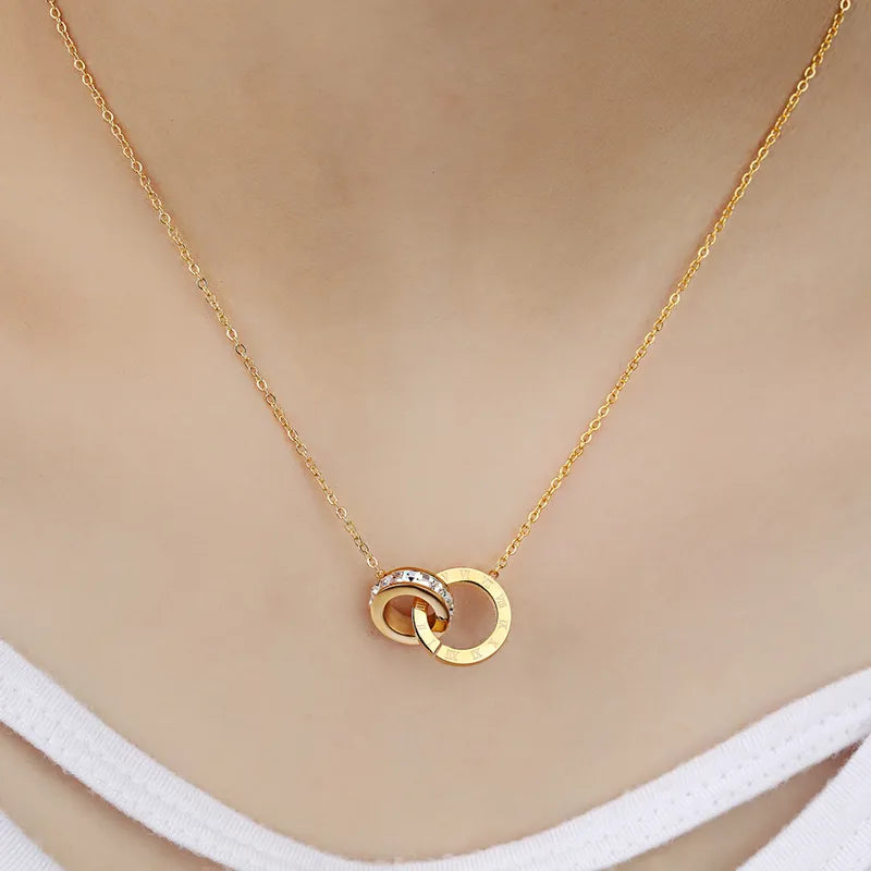 New A Circle Crystal Roman Numerals Double Buckle Pendant Woman Female Titanium Steel Gold Clavicle Necklace Jewelry