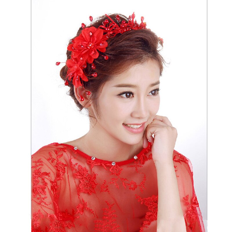 Fashion Wedding Hair Accessories Pearl Haedbands for Bride Red White Lace Crystal Tiara Floral Elegant Bridal Hair Jewelry