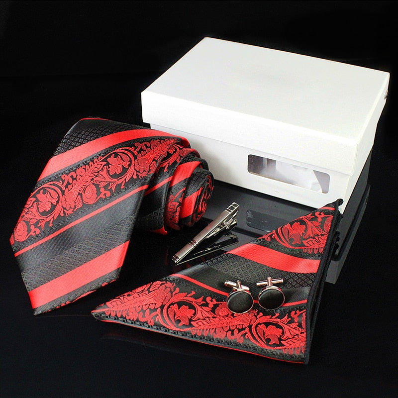 KAMBERFT Luxury Ties for Men Paisley Silk Jacquard Woven Tie Handkerchief Cufflinks&clips Gift Box Set  Wedding Party Neck tie