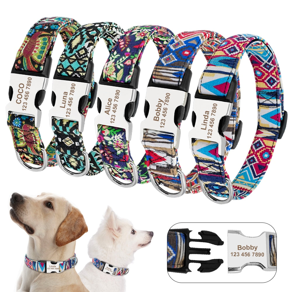 Personalized Dog Collar Nylon Print Dog Collars Customized Puppy Pet Collar Engraved Name ID for Small Medium Large Big Dogs Pug