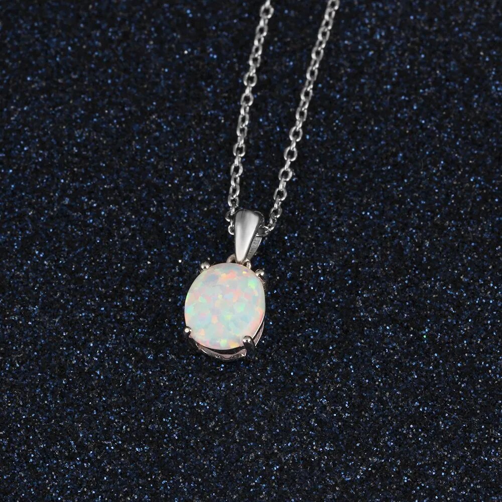 Silver Color Pendant Necklace Choker Created Oval White Pink Blue Opal Women&#39;s Neck Chain Necklace Birthday Fashion Jewelry Gift