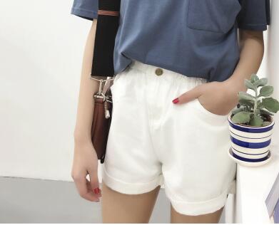 2023 Summer High Waist Denim Shorts Women Casual Loose Ladies Fashion Roll Up Hem Elastic Waist Pocket Blue White Jeans Female