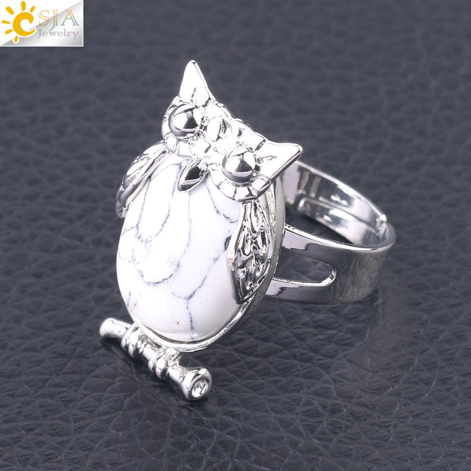 CSJA Lovely Owl Women Finger Ring Natural Stone Cabochon Bead Adjustable Rings Silver-color Cute Animal Charm Party Jewelry F566