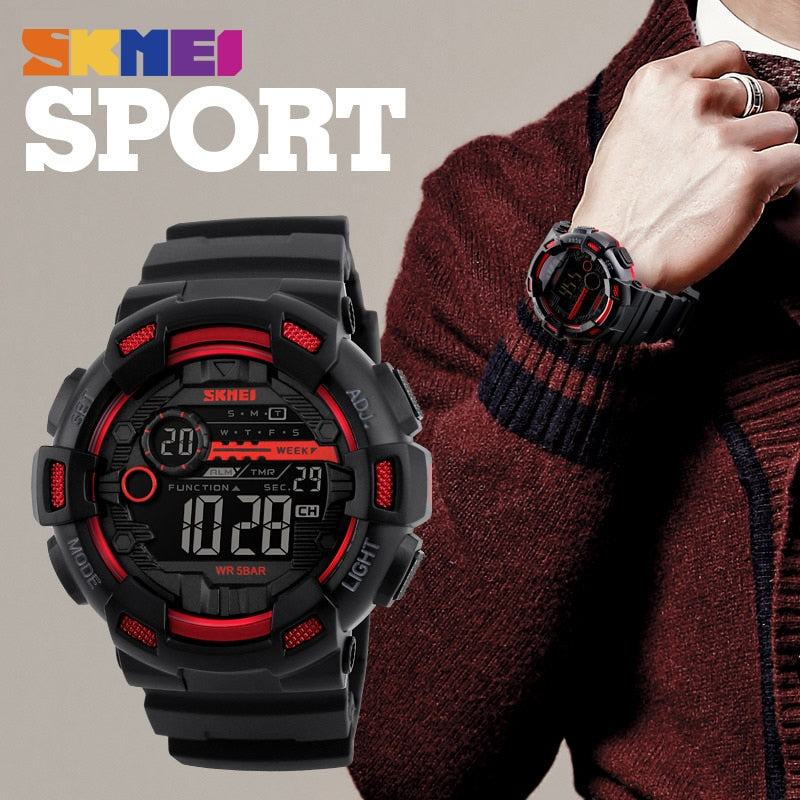 Outdoor Sport Watch Men Multifunction 5Bar Waterproof PU Strap LED Display Watches Chrono Digital Watch reloj hombre 1243