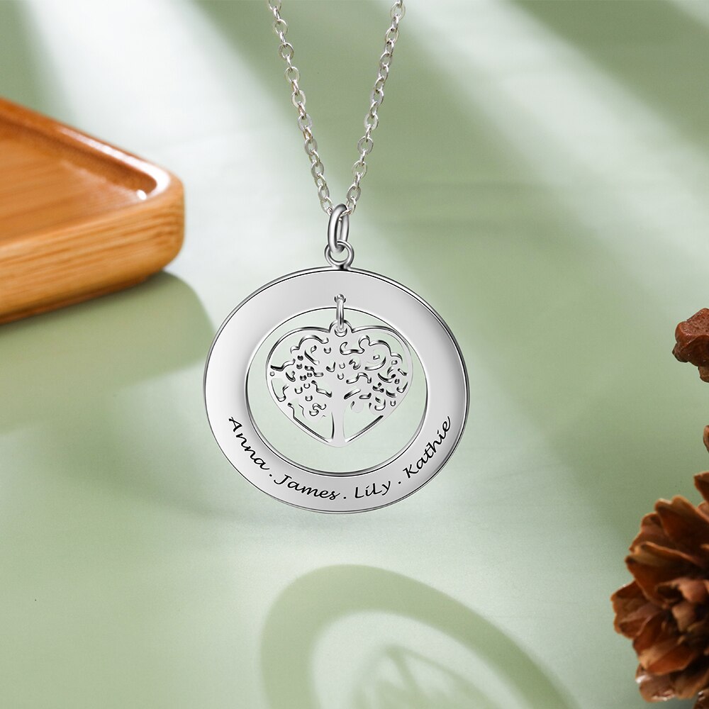 JewelOra Personalized Tree of Life Engrave Name Necklace Silver Color Round Customized Necklaces & Pendants Family Gifts