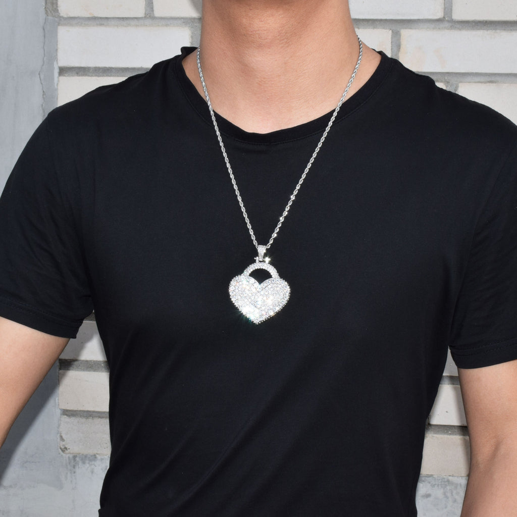 Heart Pendant Necklace Gold Color Iced Zircon Men&#39;s Hip Hop Rock Jewelry