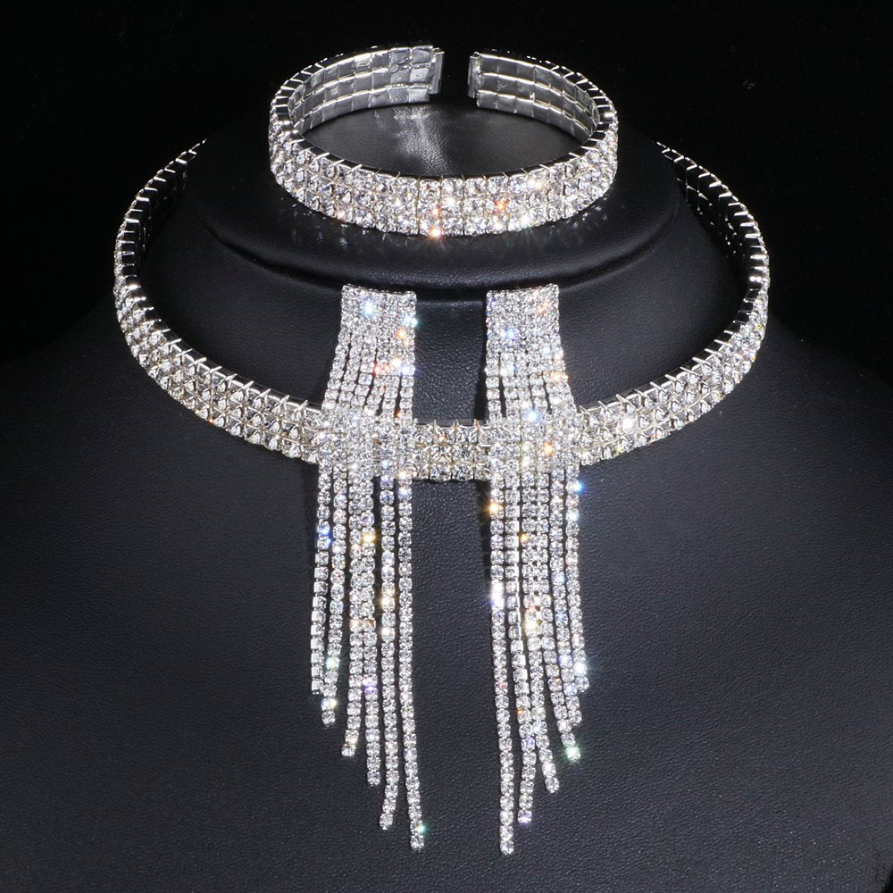 Classic Elegant Tassel Crystal Bridal Jewelry Sets African Rhinestone Wedding Necklace Earrings Bracelet Sets WX081