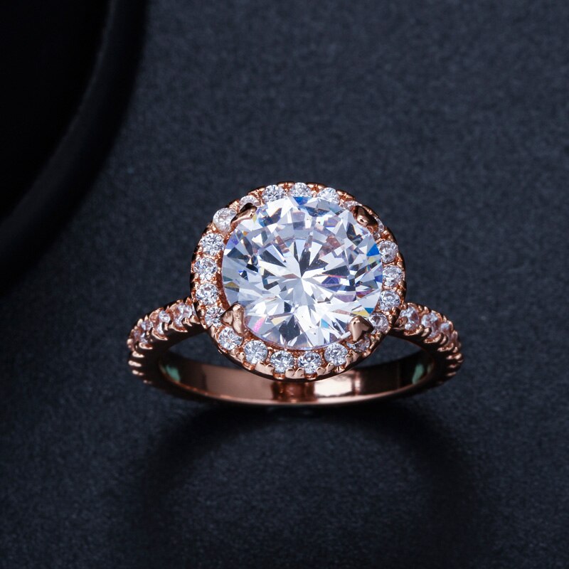 CWWZircons High Quality CZ Crystal Rose Gold Color Big 2 Carat Round Engagement Wedding Band Rings for Women Jewelry R107