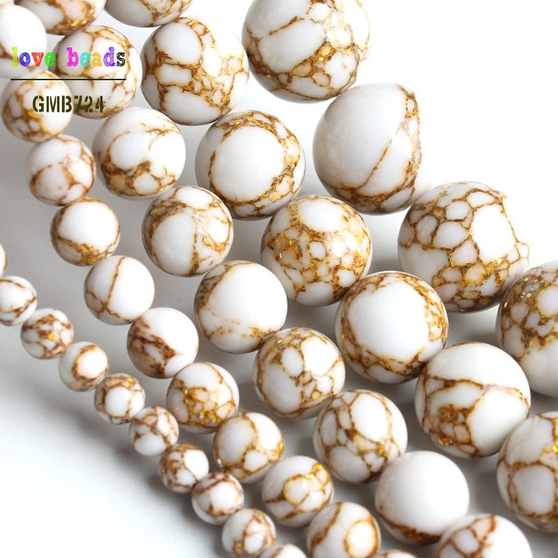 White Howlite Spun Gold plated Loose Stone Round Beads for Jewelry Making DIY Bracelet 15'' strand 4/6/8/10/12mm