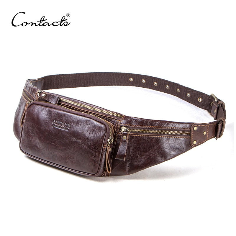 CONTACT'S Cow Leather Men Waist Bag New Casual Small Fanny Pack Male Waist Pack For Cell Phone And Credit Cards Travel Chest Bag