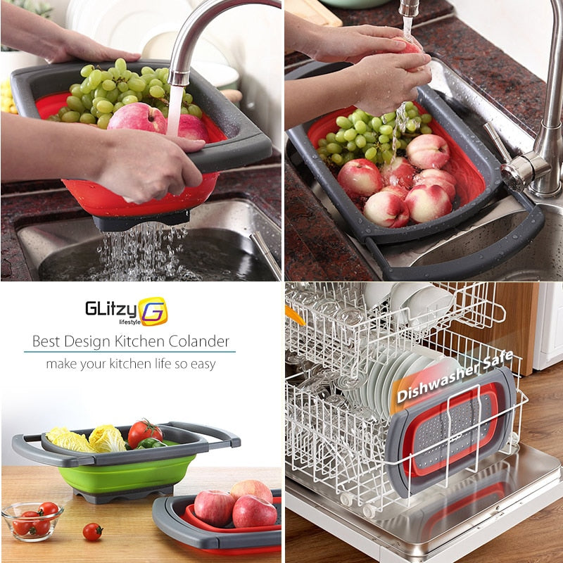 Kitchen Colander Fruit Vegetable Washing Basket Foldable Strainer Collapsible Drainer Over The Sink Adjustable Silicone Tools