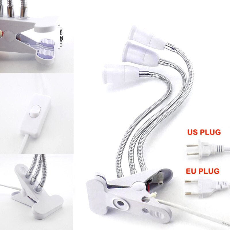 E27 Socket 3 Head Flexible Light Clip With On/Off Switch Lamp Holder For Desk Light LED Plant Grow Bulbs Base EU/US Plug