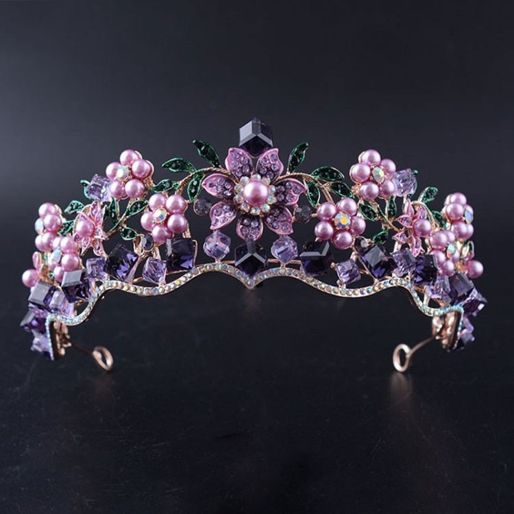 Luxury Baroque Purple Crystal Pearl Bridal Crown Tiara Magnificent Rhinestone Diadem for Bride Headband Wedding Hair Accessories