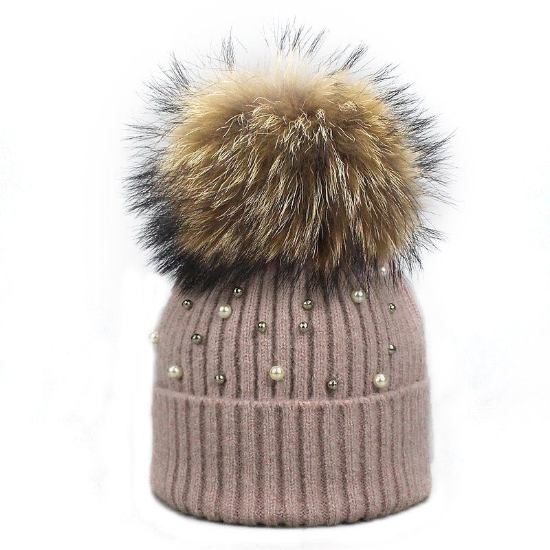 New Wool Beanies Women Real Natural Fur Pom Poms Fashion Pearl Knitted Hat Girls Female Beanie Cap Pompom Winter Hats for Women