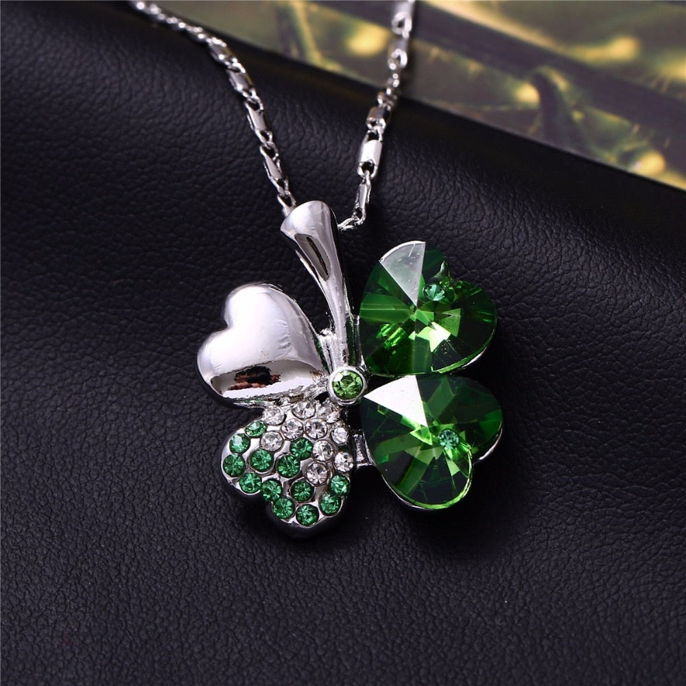 Elegant 12-Color Austrian Crystal Four Leaf Clover Pendant Necklace - White Gold Plated Fashion Jewelry for Women.