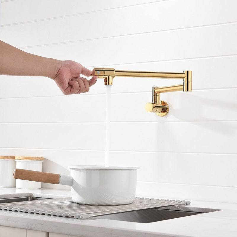 Pot Filler Tap Wall Mounted Foldable Kitchen Faucet Single Cold Single Hole Sink Tap Rotate Folding Spout Chrome Gold Brass