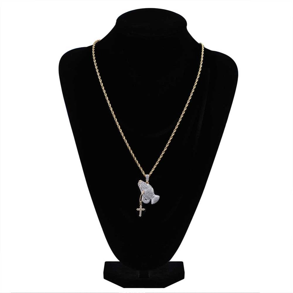 Iced Out Praying Hand Pendant Necklace With Cross Mens/Women Gold Plated Hip Hop Charm Jewelry Necklace Chain For Gifts