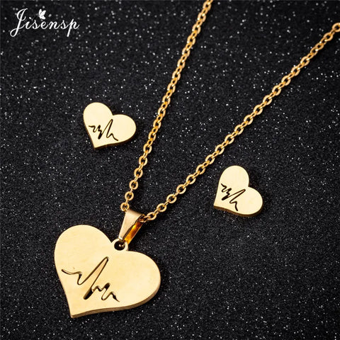 Jisensp Ecg Heartbeat Necklace Love Heart Necklaces Pendants for Women Gold Stainless Steel Jewelry Earrings Doctor Accessories