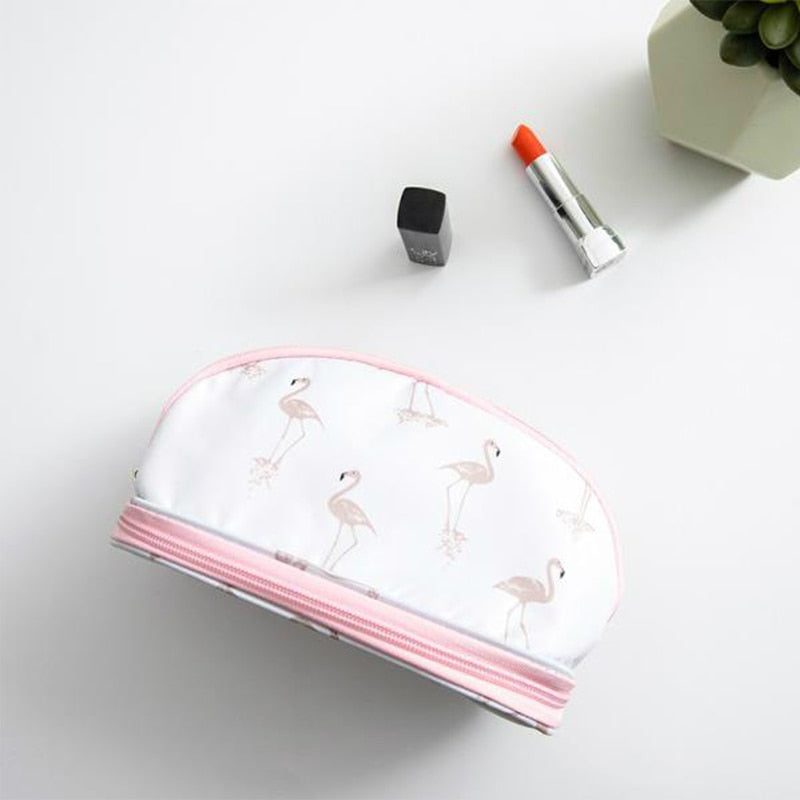 DIHFXX Portable Flamingo Cosmetic Bag Double Layer Travel MakeUp Pouch Bags Circular Make Up Bag Brush Organizer For Woman pouch