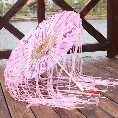 Silk Cloth Lace Umbrella Women Costume Photography Props Tasseled Umbrella Yarned Chinese Classical Oil-paper Umbrella Parasol