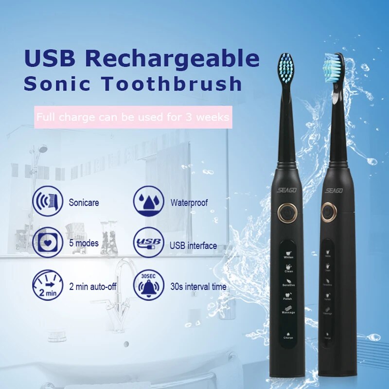 Ultrasonic Electric Toothbrush Sonic Wave Clean USB Rechargeable Toothbrushes With Replacement Brush Heads Seago 507 yunchi Y1