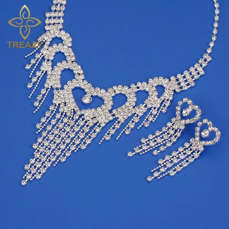 TREAZY Luxury Silver Color Crystal Choker Necklace Earrings Jewelry Set for Women Heart Tassels Bridal Wedding Jewelry Sets