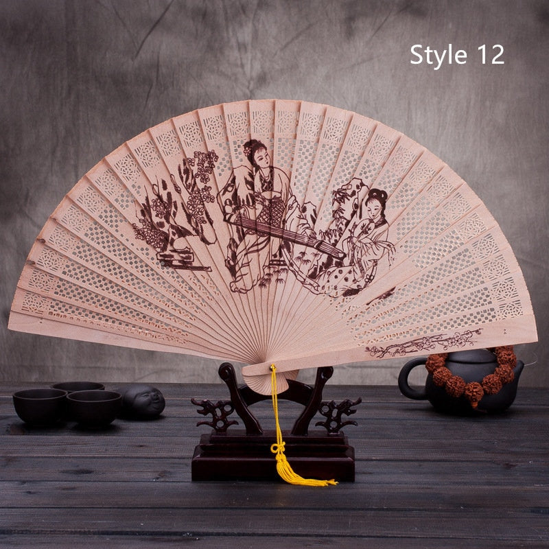 Chinese Japanese Folding Fan Original Wooden Hand Flower Bamboo Classical PrintedFan Ladies Dance Performance and Home Decor