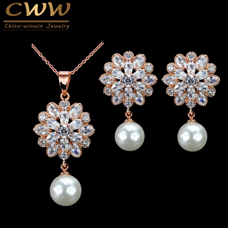 CWWZircons Brand Trendy Women Pearl Jewelry High Quality Zirconia Crystal Ladies Dangling Pendant Necklace And Earring Set T280