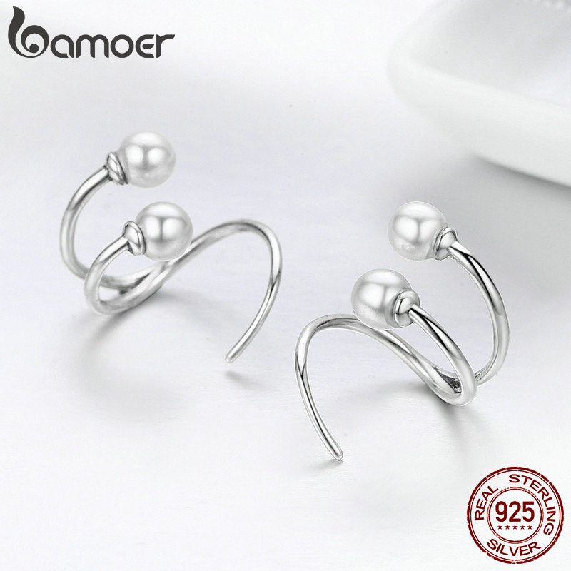 BAMOER 100% 925 Sterling Silver Earrings Elegant  Pearl Stud Earrings for Women Silver Jewelry SCE306