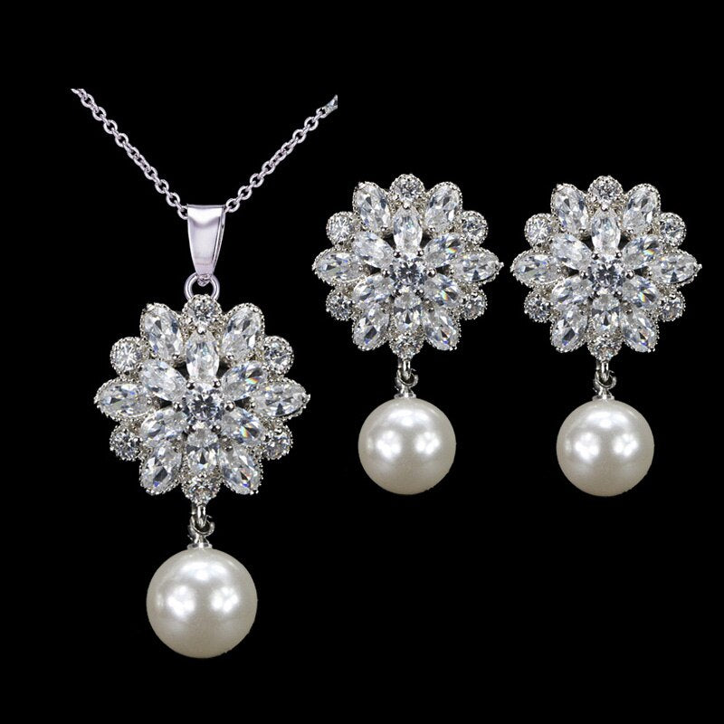 CWWZircons Brand Trendy Women Pearl Jewelry High Quality Zirconia Crystal Ladies Dangling Pendant Necklace And Earring Set T280