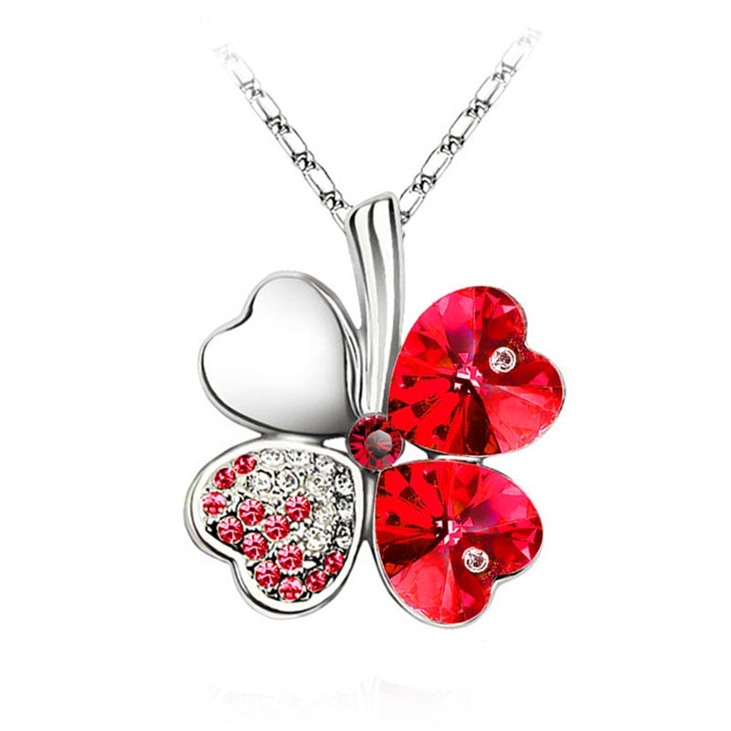 Fashion Jewelry Silver Color Austrian Crystal Necklace Four Leaf Leaves Clover Heart Rhinestones Pendant Necklace Jewelry