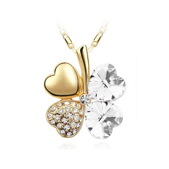 Elegant 12-Color Austrian Crystal Four Leaf Clover Pendant Necklace - White Gold Plated Fashion Jewelry for Women.