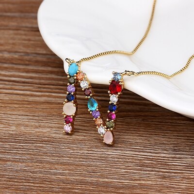 New Arrival Hot Sale Personal Name Letter Necklace Rainbow CZ Initials Alphabet Women Girls Gorgeous Family Jewelry Gift