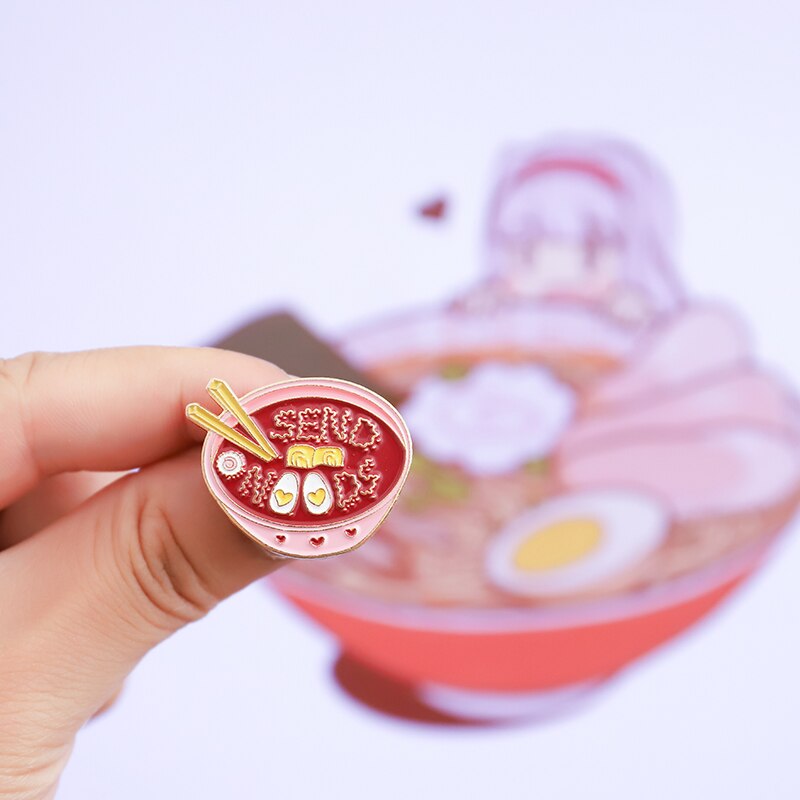 Eggs Ramen Enamel Pin Pink Bowl Noodles Badge Custom Brooches Bag Clothes Lapel pin Cartoon Food Jewelry Gift for Kids Friends