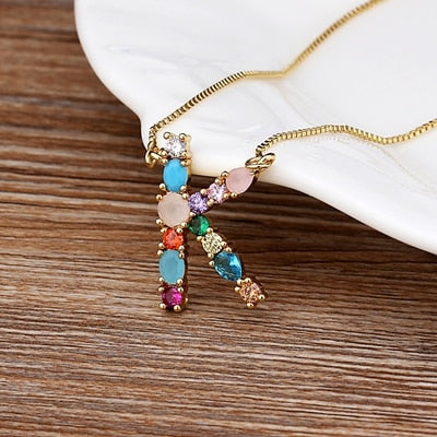 New Arrival Hot Sale Personal Name Letter Necklace Rainbow CZ Initials Alphabet Women Girls Gorgeous Family Jewelry Gift