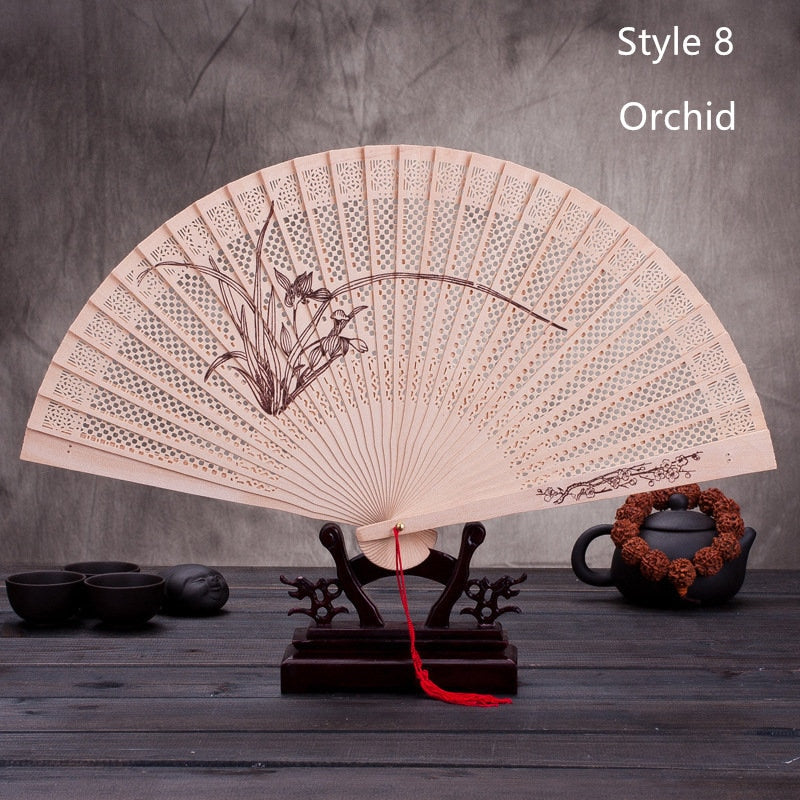 Chinese Japanese Folding Fan Original Wooden Hand Flower Bamboo Classical PrintedFan Ladies Dance Performance and Home Decor