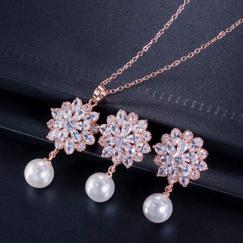 CWWZircons Brand Trendy Women Pearl Jewelry High Quality Zirconia Crystal Ladies Dangling Pendant Necklace And Earring Set T280