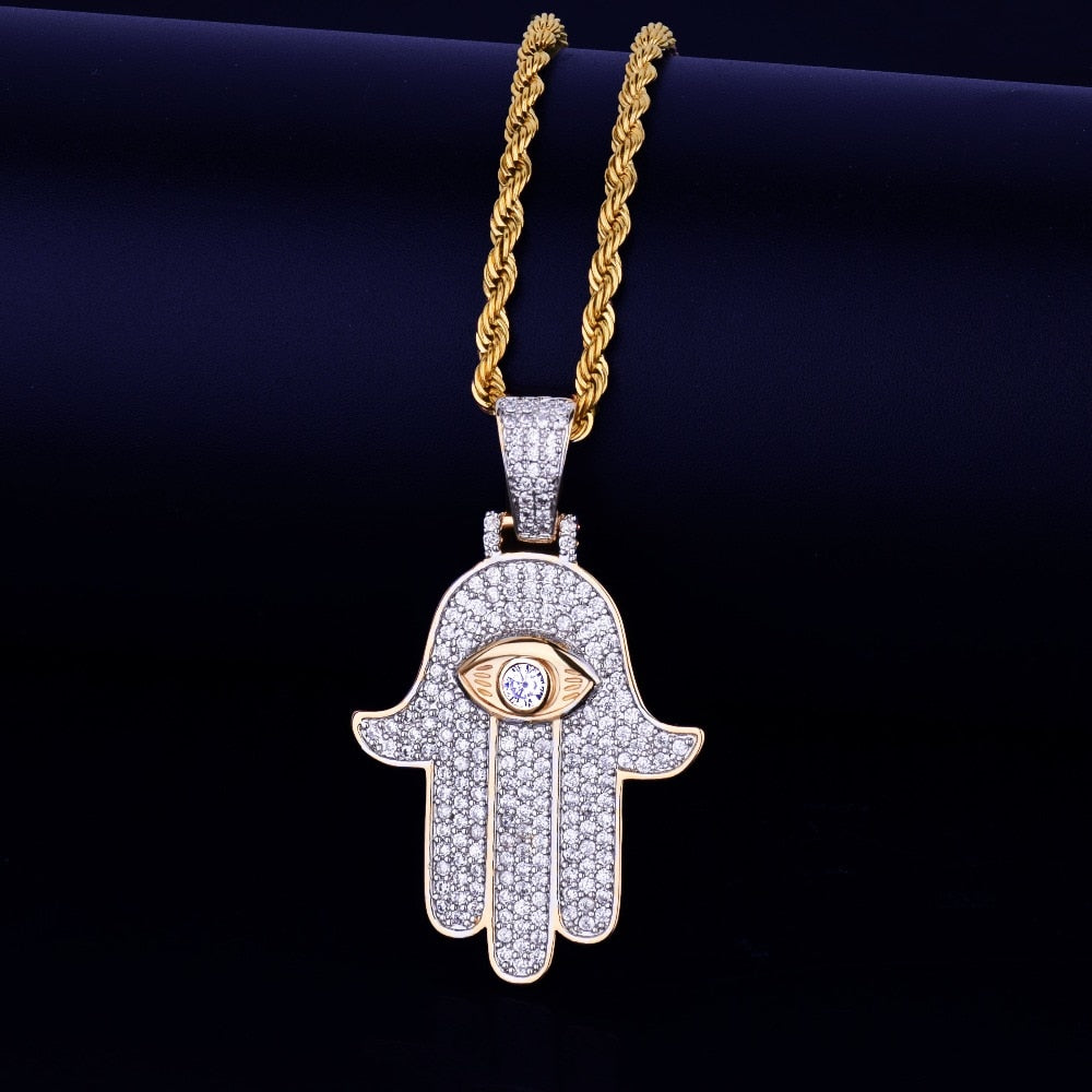 Iced Hand Pendant Necklace Gold Color Cubic Zircon Men&#39;s Hip Hop Jewelry