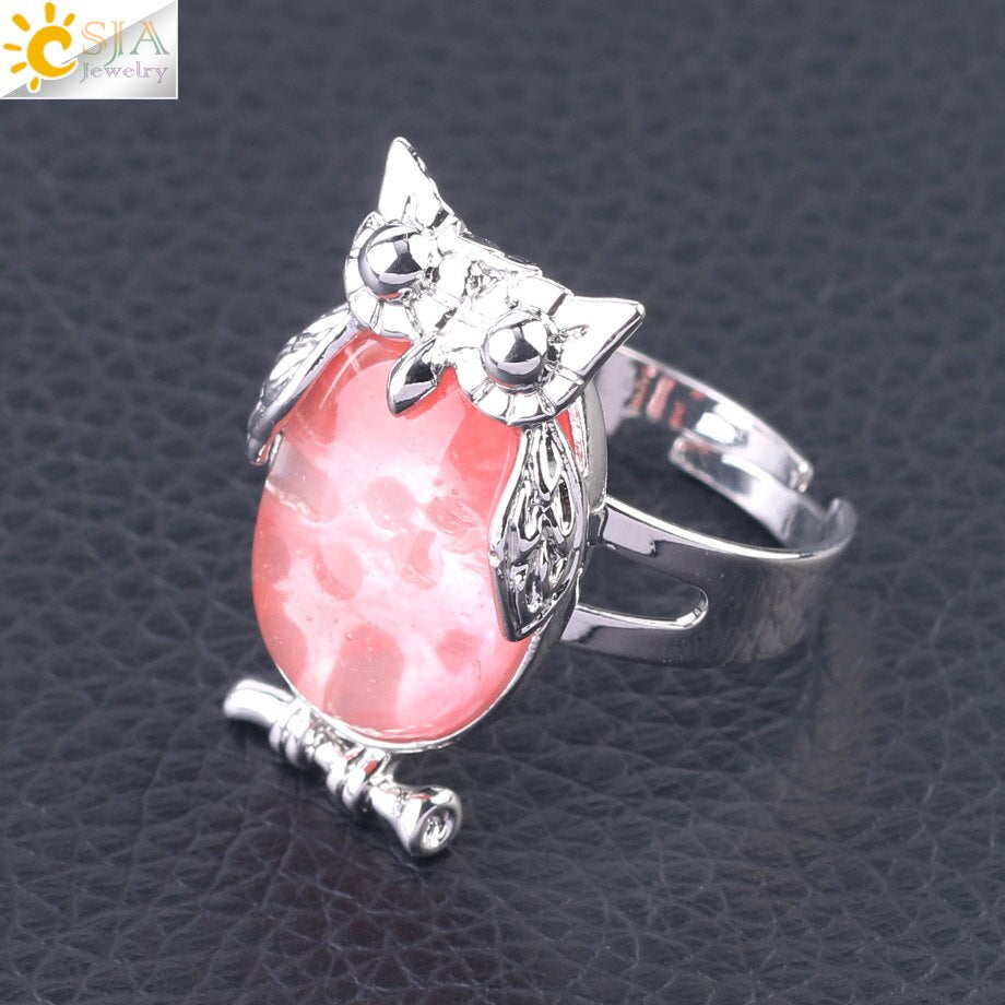 CSJA Lovely Owl Women Finger Ring Natural Stone Cabochon Bead Adjustable Rings Silver-color Cute Animal Charm Party Jewelry F566