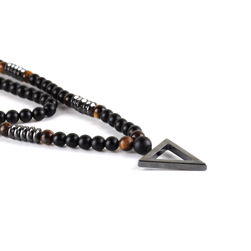 2019 Luxury Long Necklace Tiger Eye Natural Stone Beads Men's Black Hematite Triangle Pendants Necklace Geometry Jewelry Gift